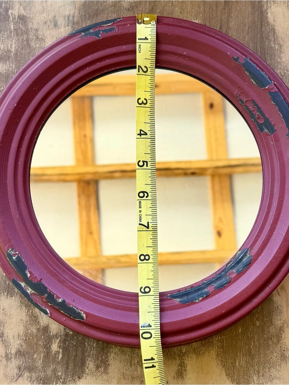 Round Distressed Red Wall Mirror - Home Wall Decor